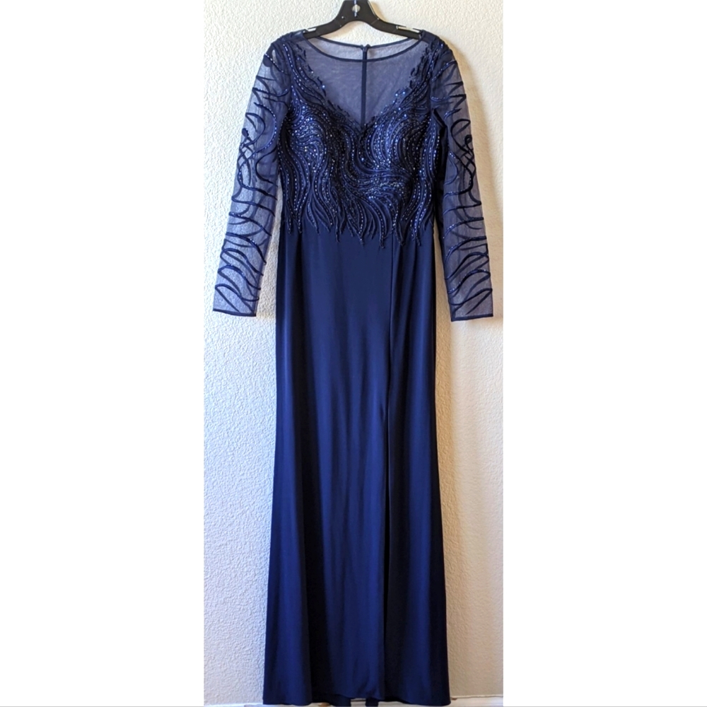 Basix black label navy embellished illusion gown